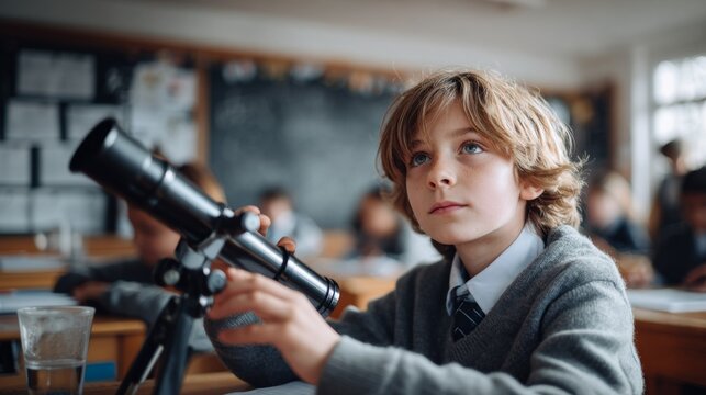 Boy adjusting a telescope inside a classroom during a school science lesson, education concept