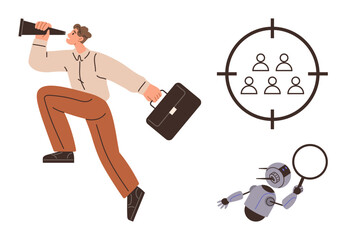 Man with telescope explores opportunities, accompanied by icons for audience targeting and an investigative robot. Ideal for business growth, innovation, strategy, AI, marketing, analysis, future