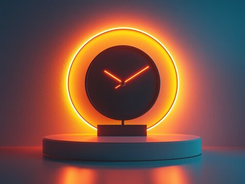 Glowing clock on a round pedestal, illuminated by a neon orange halo