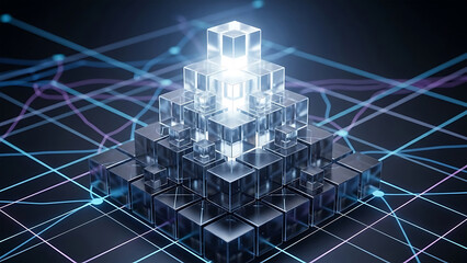 Abstract data flow: digital network structure with glowing cubes