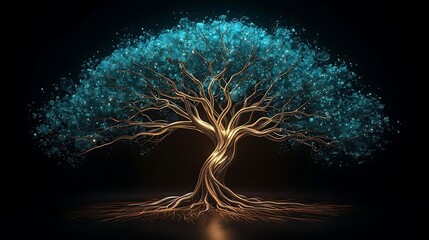 Glowing tree with blue leaves and golden trunk against a dark background.