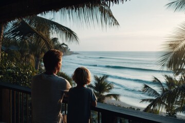 Father and son looking out of the hotel balcony at the ocean, tropical vacation mood