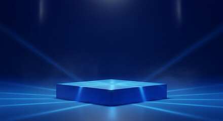 Blue square podium with neon light beams on dark stage