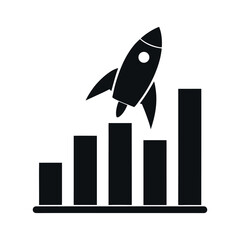 Black silhouette of a rocket launching from stock graph bars, flat vector, white background