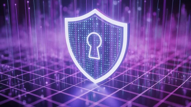 Glowing digital security shield icon protecting sensitive data with binary code pattern surrounded by futuristic neon purple and blue network lines