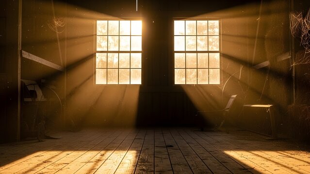 Old abandoned attic interior with sunlight streaming through windows creating a spooky atmosphere - Powered by Adobe