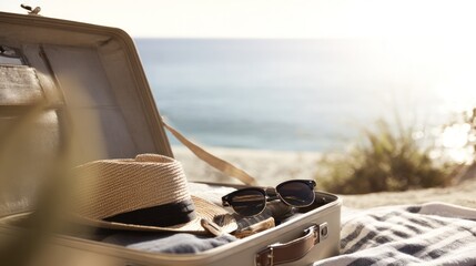 Suitcase open on a beach with travel essentials, capturing the essence of vacation and relaxation. tourism brochures, itinerary planners, designed for travel destination branding.