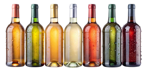 Assortment of colorful wine bottles with condensation on a black background in a horizontal row