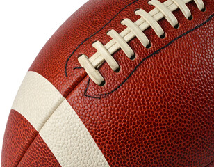 Close-up leather football with white stripe and raised laces