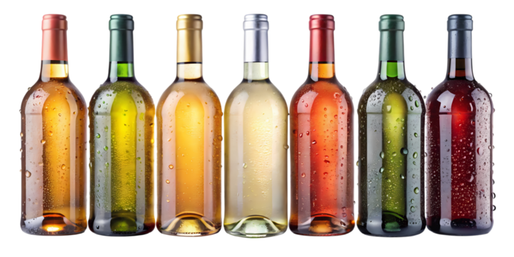 Assortment of colorful wine bottles with condensation on a black background in a horizontal row