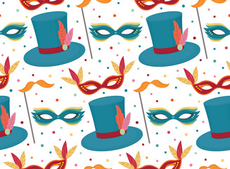Seamless pattern with colorful carnival elements. Background with masks, hat, mustache and confetti.