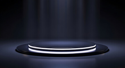 Futuristic dark pedestal with glowing white led light ring