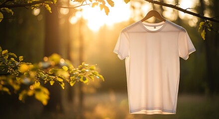 White tshirt on a hanger from a tree branch, bathed in the warm glow of a golden sunset in a natural outdoor setting