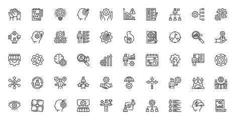 Set of Management vector. Participation, Plan, Inspiration, Purpose, Hands, Crisis, Evaluation, Leadership, Operating, Manager, Idea, Process, Skills, Target, Motivation, Assessment, Mission icon.