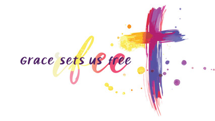 Colorful watercolor brushstroke cross with inspirational text grace sets us free