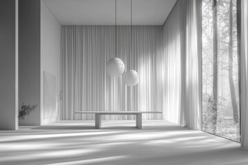 Minimalist, all-white room with large window, table, and hanging pendant lights