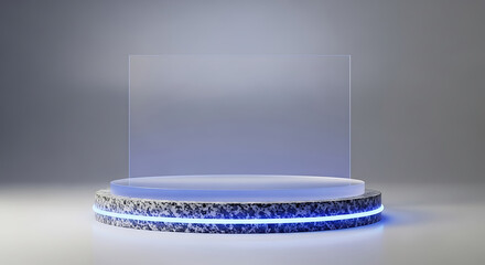 Futuristic podium with neon light and clear panel display