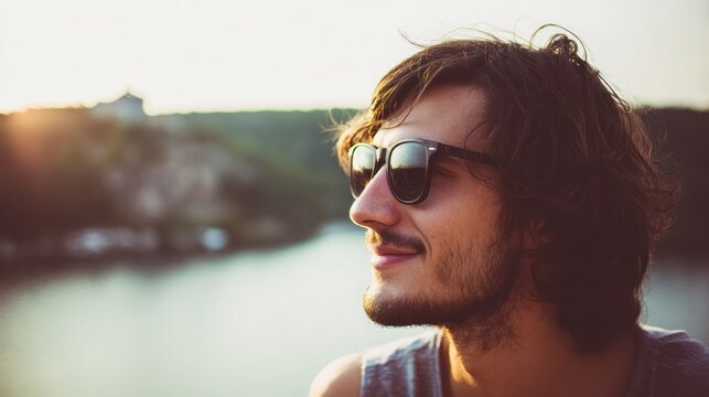 A serene traveler enjoys a breathtaking view, embodying peace and relaxation in natural sunlight. tourism brochures, itinerary planners, designed for travel destination branding.