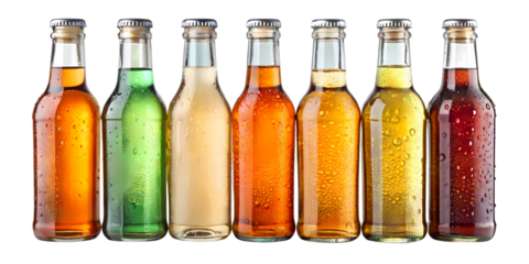 Assorted colorful soda bottles with condensation lined up on a black background in a studio setting