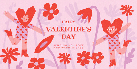 Happy Valentine’s Day card with funny groovy heart head characters dancing among bright flowers on pink background. Playful romantic greeting card, poster, banner