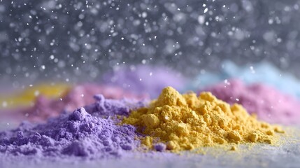Vibrant piles of colorful powder falling like snow creating an abstract festive atmosphere