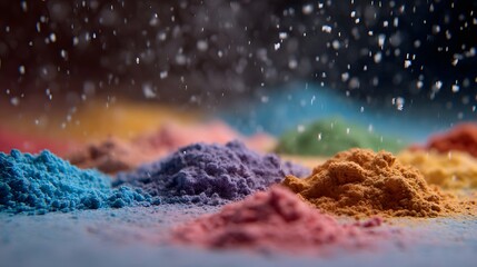 Colorful powder piles are scattered with fine particles falling from above