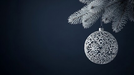 Close up of a delicate white snowflake Christmas ornament hanging from a frosted pine branch against a dark background