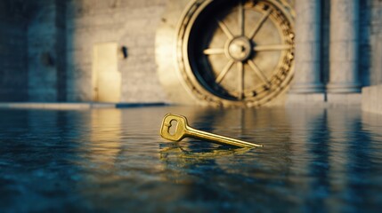 Broken brass key floating on water near a blurred vault door. wellbeing guides, coaching materials, designed for mental health education and mindfulness programs, used by teachers.