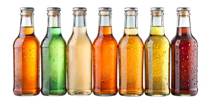 Assorted colorful soda bottles with condensation lined up on a black background in a studio setting