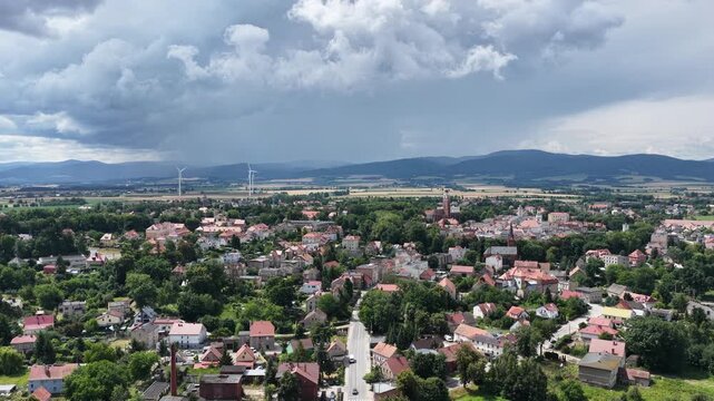 Aerial drone view of Paczkow. A city in the Opole province, in Nysa county, urban rural commune of Paczkow. Panorama of the city of Paczkow and Paczkowski Reservoir from a drone flight