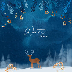 Dark blue watercolor sketch of a winter night. Christmas watercolor drawing with majestic Christmas deer, distant snow-covered winter forest and winter plants. Scene of the winter wonderland