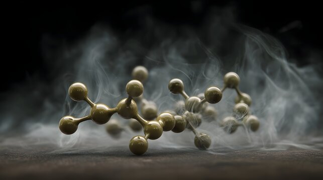 Dramatic 3D molecular structure composed of atoms and bonds veiled in atmospheric smoke against a dark moody background