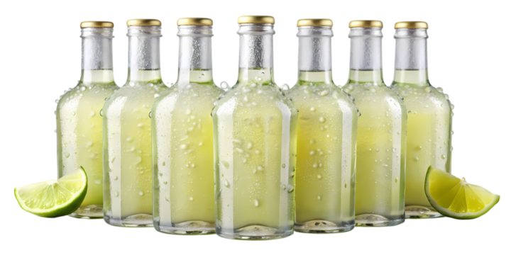 Six glass bottles filled with lime juice and lime slices on a black background in a studio shot