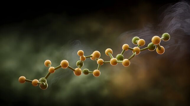 Abstract molecular structure with glowing atoms and swirling mist representing science and innovation
