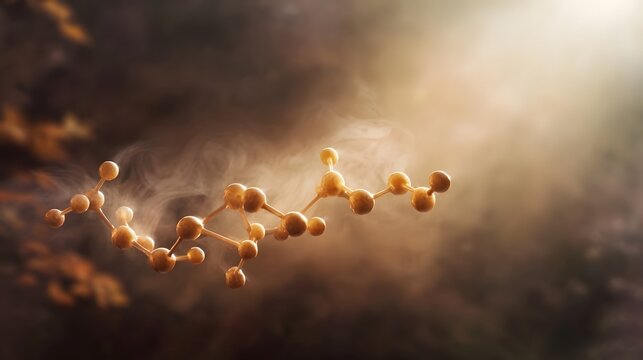 A detailed 3D rendering of a golden molecular structure appearing in swirling mist illuminated by soft dramatic light and bokeh