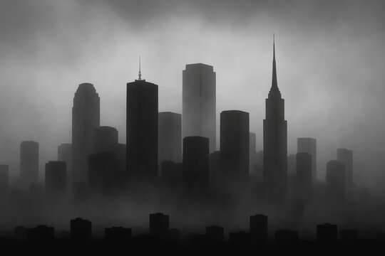 foggy monochrome city skyline with tall skyscrapers emerging through dense mist, dramatic urban silhouette atmosphere - Powered by Adobe
