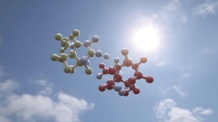 Abstract conceptual molecular models one green and one red depicted in 3D float against a clear bright sky illuminated by the midday sun