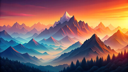 Stunning sunrise over majestic mountains and pine forest