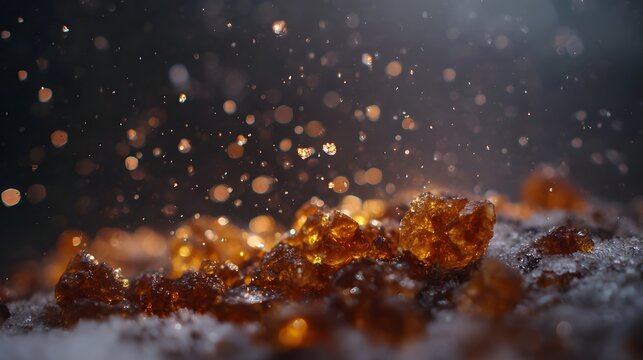 Abstract ro photography of golden amber crystals on snow with sparkling bokeh and suspended particles