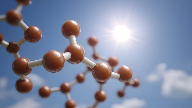 A molecular structure model shines brightly under the sun against a clear blue sky with clouds - Powered by Adobe