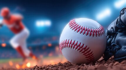 Experience the thrill of baseball with this dynamic scene of a baseball, glove, and player in action under stadium lights, perfect for sports content