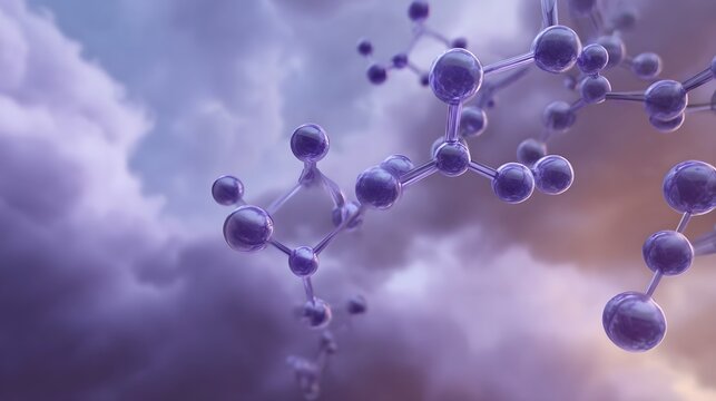 A complex glowing purple molecular structure with interconnected atoms drifts through a dramatic stormy twilight sky evoking science and mystery - Powered by Adobe