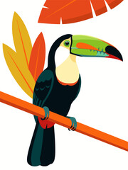 Obraz premium Vibrant Toucan Perched on a Branch Amidst Tropical Foliage, A Colorful Avian Specimen in a Lush Natural Setting
