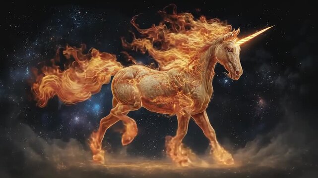 Mythical unicorn made of fire galloping through the cosmic sky with flames trailing its mane and tail