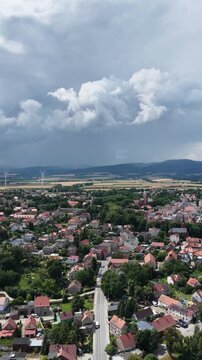 Aerial drone view of Paczkow. A city in the Opole province, in Nysa county, urban rural commune of Paczkow. Panorama of the city of Paczkow and Paczkowski Reservoir from a drone flight