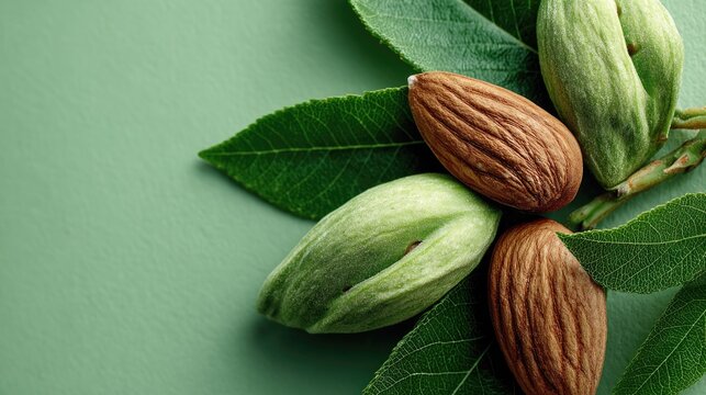 Fresh raw green almonds with one cracked open revealing the brown kernel on a green background, macro closeup.
