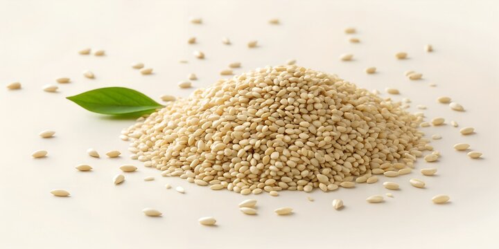 Fresh hulled hemp seeds with a green leaf, perfect for showcasing healthy superfoods and organic ingredients in your next recipe