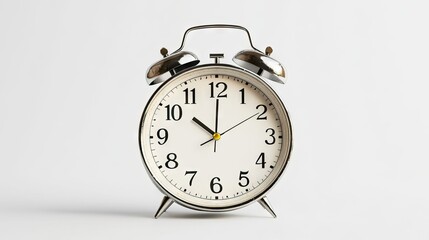 Vintage alarm clock with silver features and white dial, showing time at 10:10, simple design on light grey background, minimalist home decor item