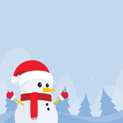 Cheerful winter flat illustration featuring a cartoon style snowman set in a snowy landscape with stylized blue pine trees and falling snowflakes against a light blue sky suitable for Christmas.