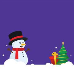 Winter illustration featuring a cheerful snowman in a black top hat and red scarf, standing beside a decorated Christmas tree with a yellow star and ornaments against purple background.